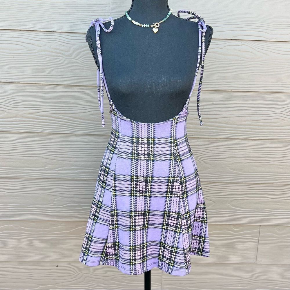 Rue 21 Purple Plaid Self Tie Cami Mini Skirt Dress Jumper Sz XS School Girl Prep